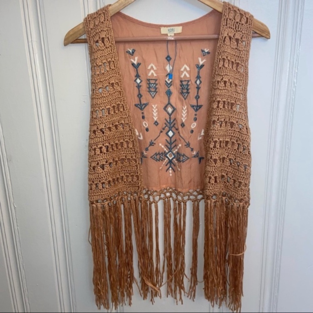 Kori Rust Brown Embroidered Fringe Vest